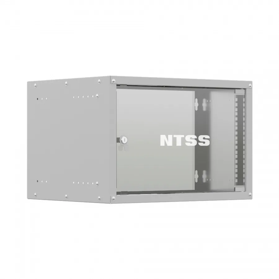 Шкаф настенный телекоммуникационный NTSS LIME 6U 550х600х370мм, 2 профиля 19, дверь стеклянная, боковые стенки несъемные, разобранный, серый RAL 7035