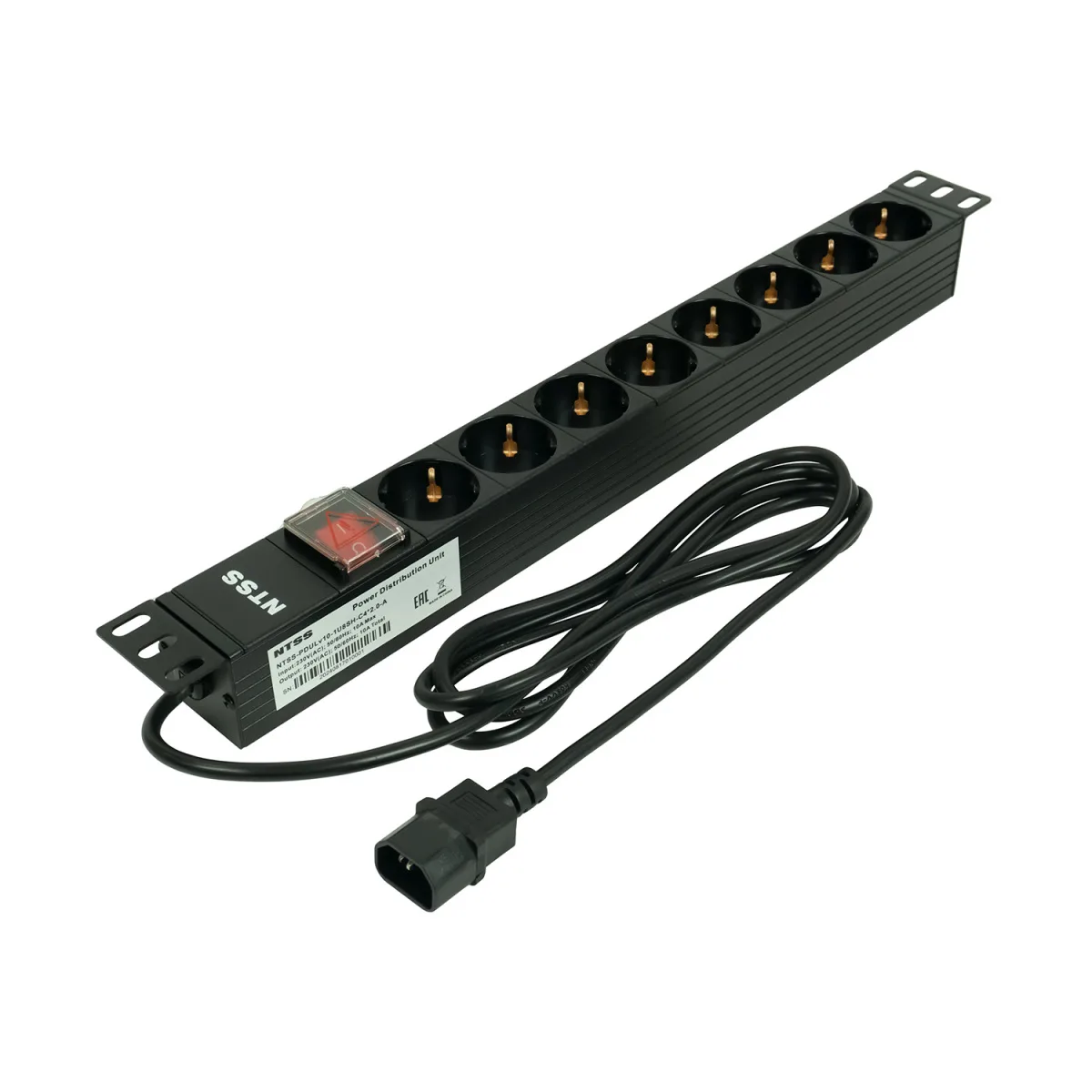 Блок розеток NTSS, 19", 1U, алюминий, 1ф10A, 2.3кВт, (8) Schuko, выкл. с подсв.и крыш., 2м каб., вх. С14