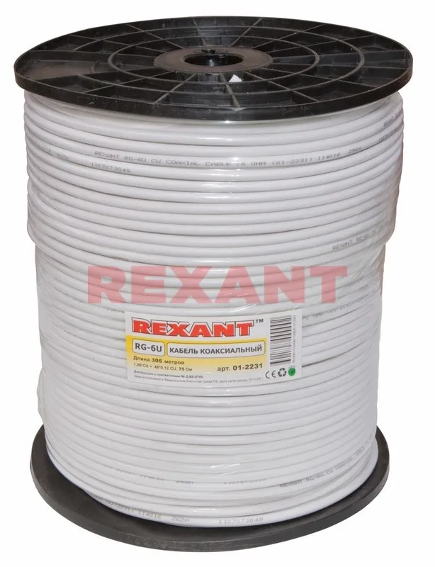 Коаксиальный кабель REXANT RG-6U, 75 Ом, CCS/Al/Al, 64%, бухта 305 м, белый