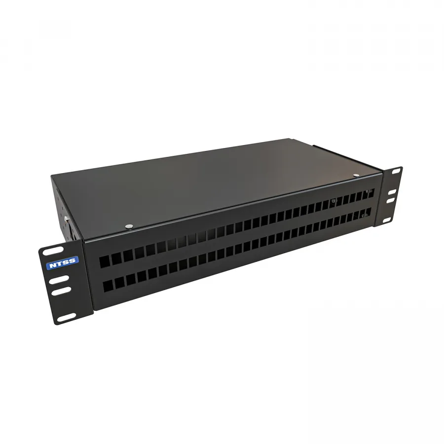 Кросс NTSS оптический 19'' укомплектованный 2U, 64 порта LC/UPC duplex, 62.5/125 мкм (сплошная панель, сплайс-кассета 4шт, пигтейлы, КДЗС, адаптеры) черный RAL 9005