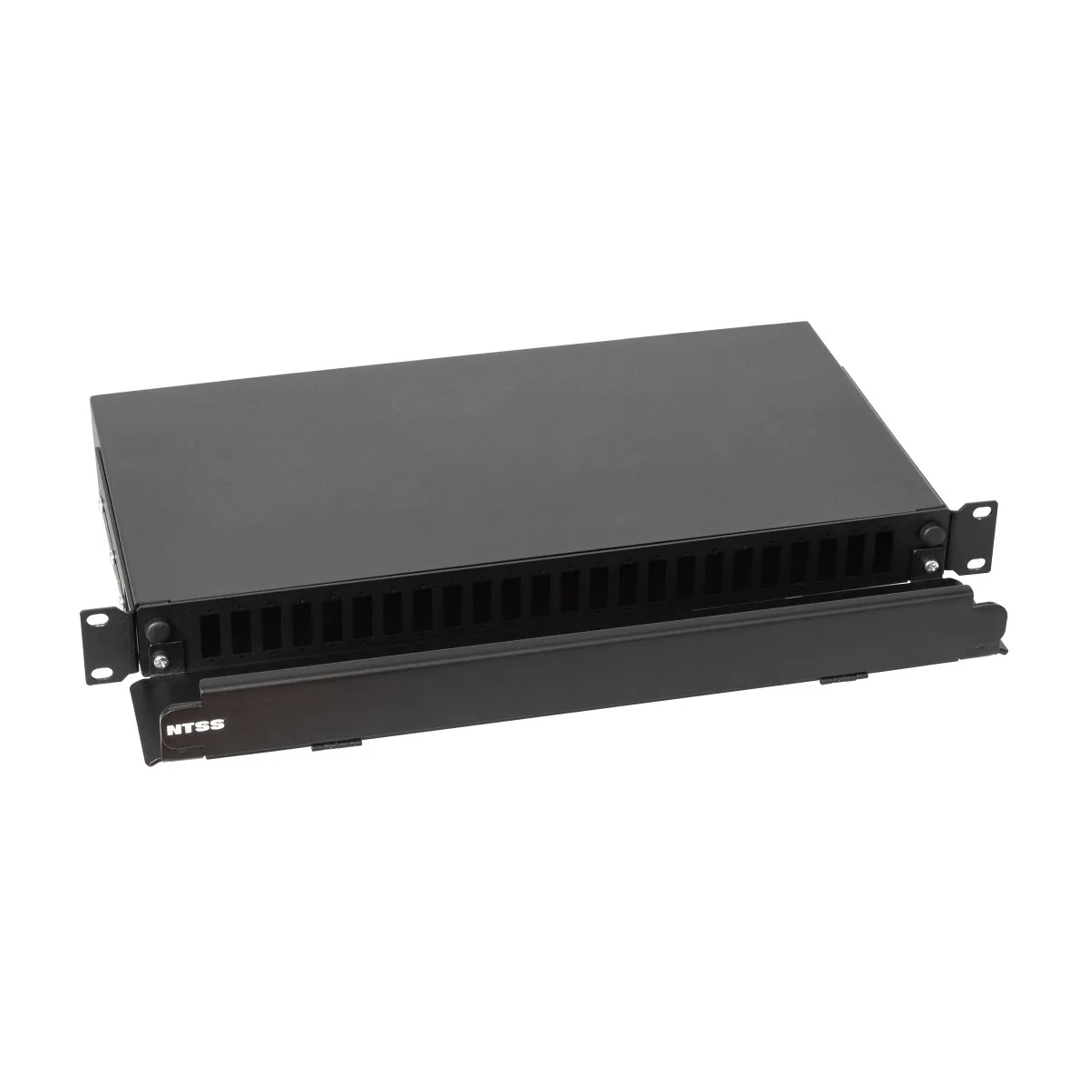 Кросс 19" NTSS PREMIUM выдвижной, предсобранный 1U, 4 порта SC/UPC duplex, 50/125 мкм ОМ3, черный (передний органайзер, сплошная панель, сплайс-кассета 1шт, пигтейлы, КДЗС, адаптеры)