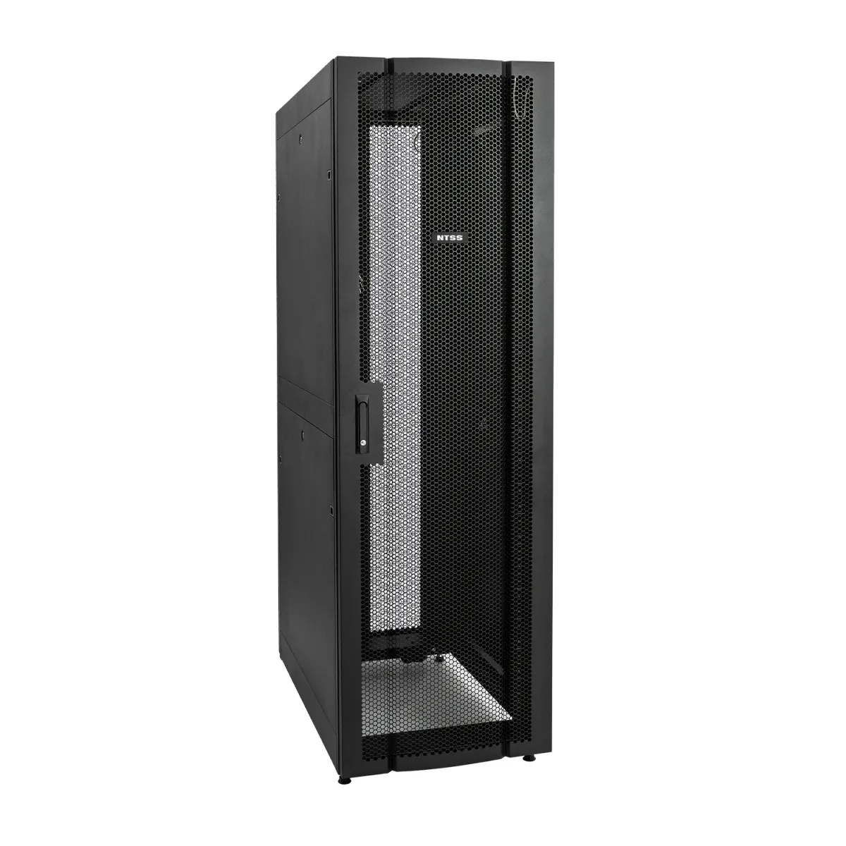 Шкаф напольный серверный NTSS ПРОЦОД DS 42U 800х1200мм, двойные боковые стенки, панель потолка с щеточными вводами, двери перфорированная и перфорированная двухстворчатая, без панели пола, регулируемые опоры, ролики, черный RAL 9005