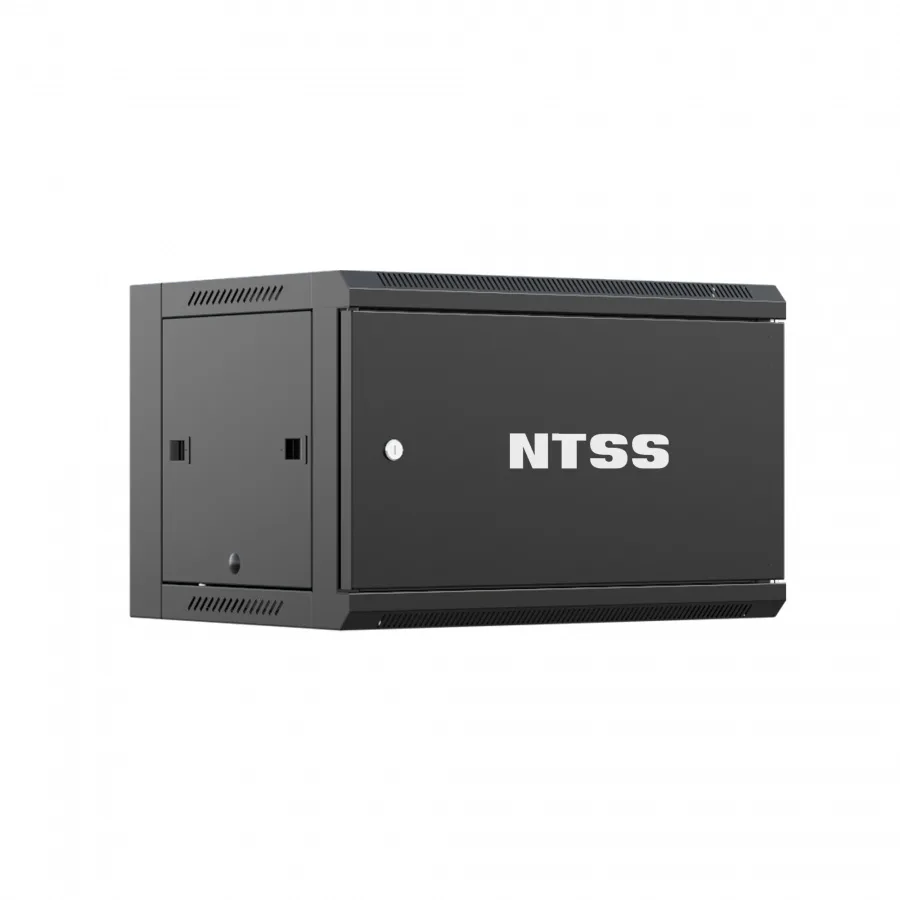 Шкаф настенный телекоммуникационный NTSS W 6U 600х450х370мм, 2 профиля 19, дверь сплошная металл, боковые стенки съемные, разобранный, черный RAL 9005