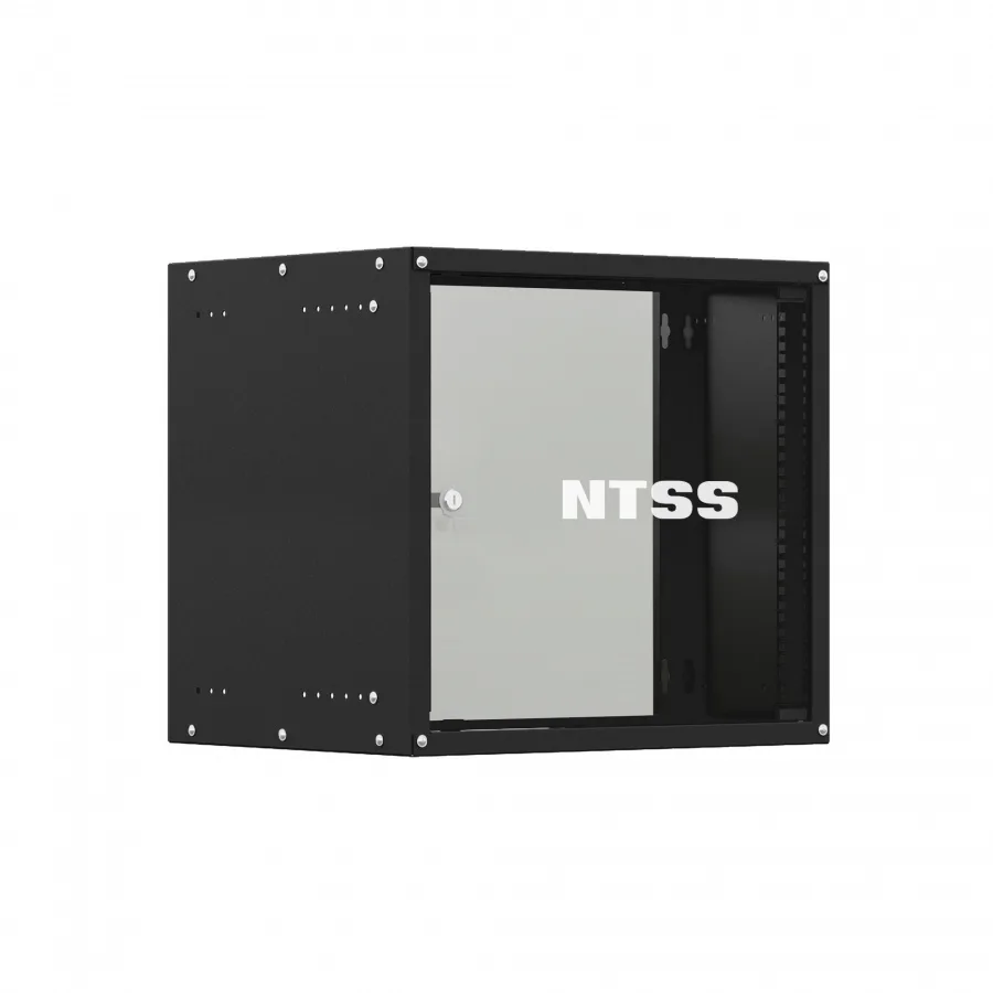 Шкаф настенный телекоммуникационный NTSS LIME 12U 550х450х635мм, 2 профиля 19, дверь стеклянная, боковые стенки несъемные, разобранный, черный RAL 9005