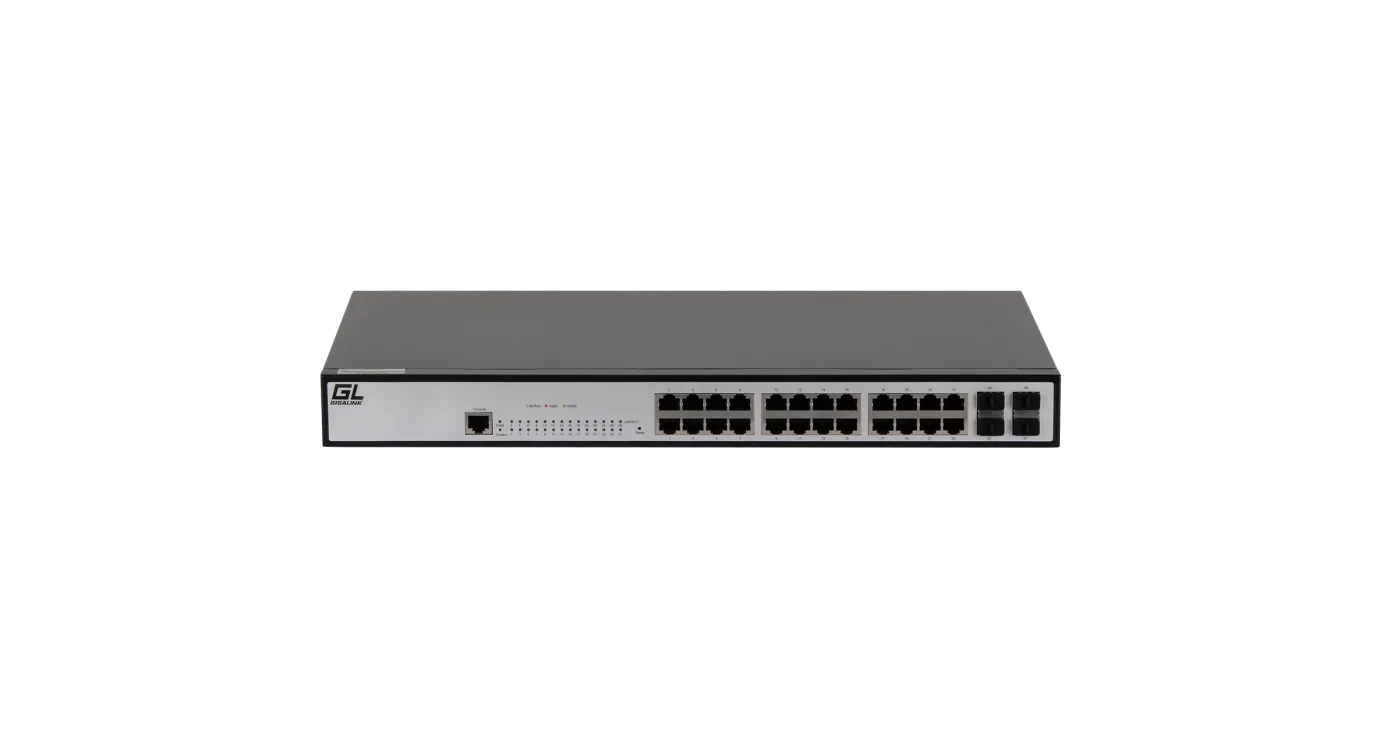 GL-SW-G201-28 Управляемый коммутатор L2 24 Base-T 10/100/1000Mb/s портов, 4 SFP 1000Mb/s, 1 Console. 1U 19'', 220V NIKOMAX