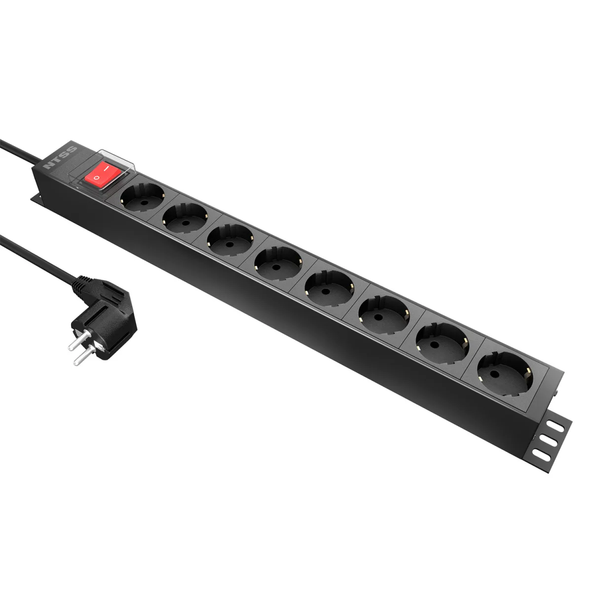 Блок розеток NTSS, 19", 1U, алюминий, 1ф16A, 3.7кВт, (8) Schuko CEE 7/7, выкл. с подсв.и крыш., 1.8м каб., вил. Schuko