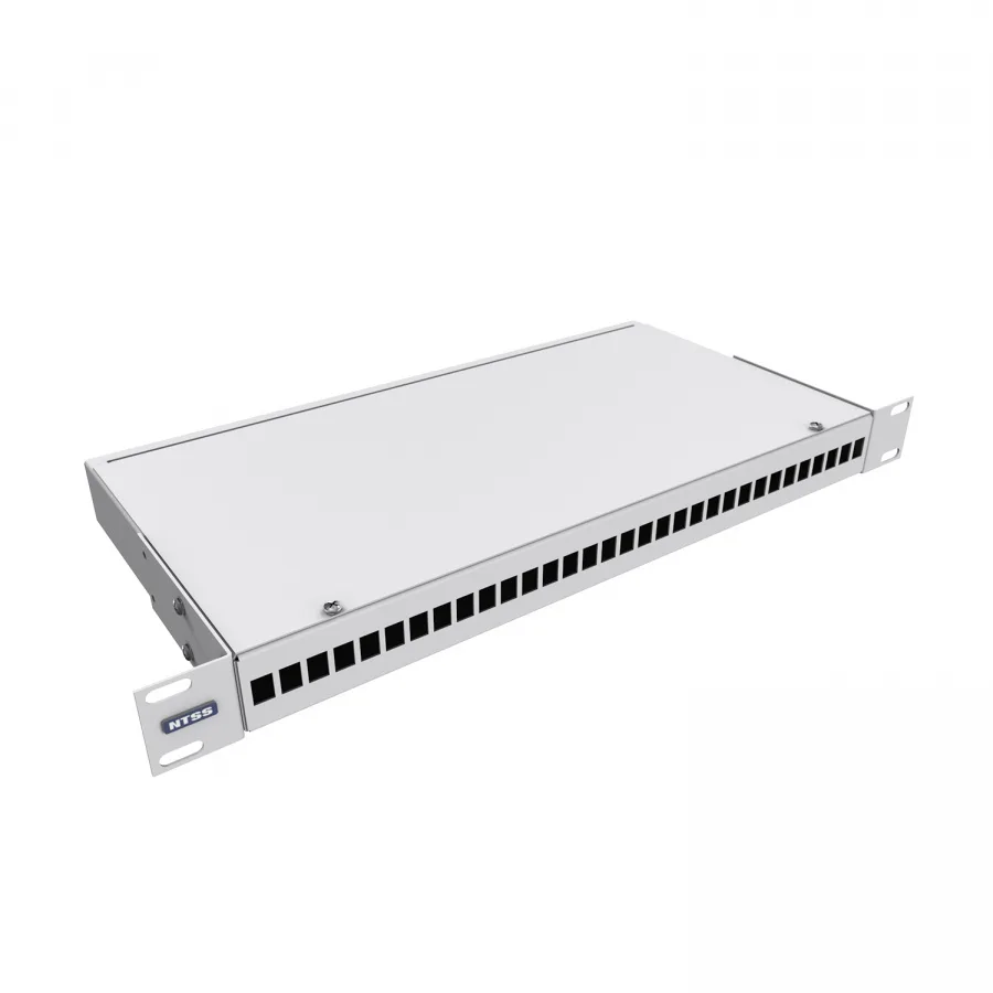 Кросс NTSS оптический 19'' укомплектованный 1U, 32 порта SC/APC, 9/125 мкм (сплошная панель, сплайс-кассета, пигтейлы, КДЗС, адаптеры) серый RAL 7035