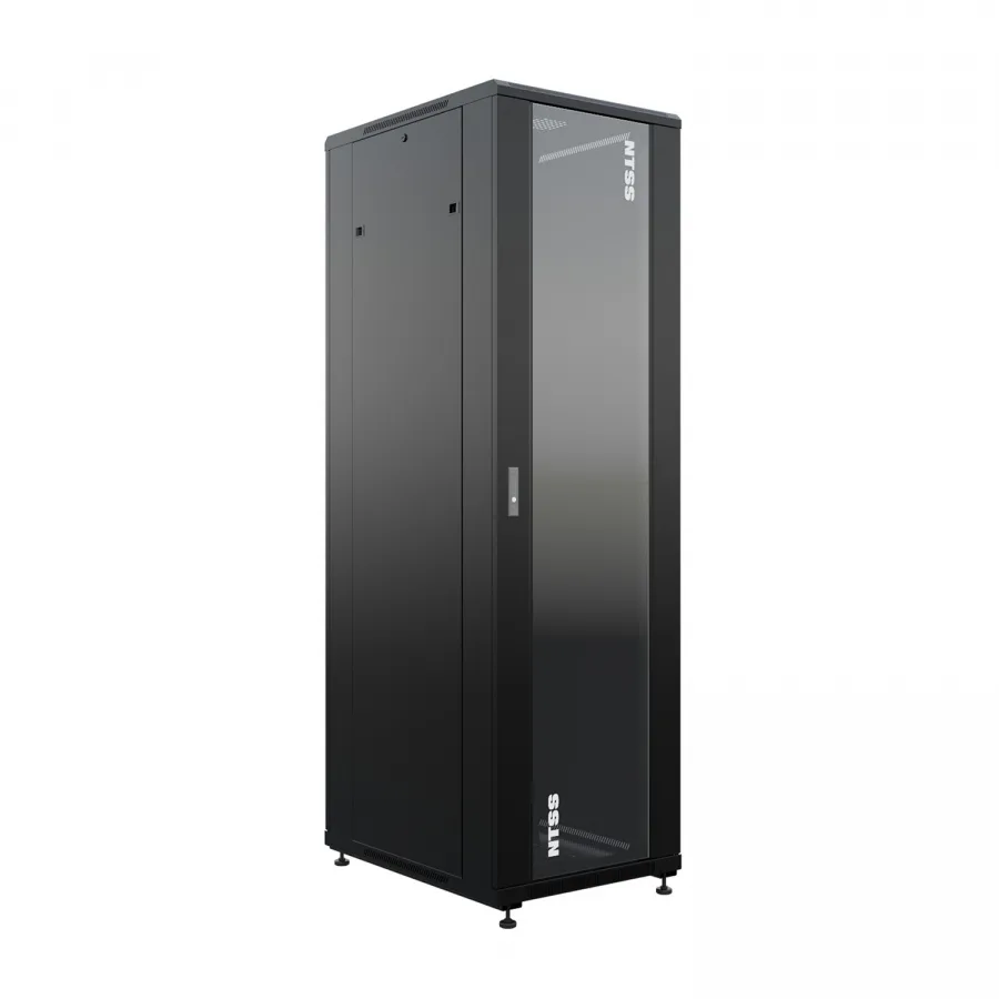 Шкаф напольный универсальный телекоммуникационный NTSS R 18U 600х800мм, 4 профиля 19, двери стекло и сплошная металл, боковые стенки съемные, регулируемые опоры, разобранный, черный RAL 9005