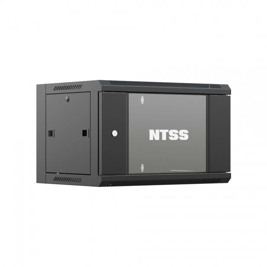 Шкаф настенный телекоммуникационный NTSS W 6U 600х600х370мм, 2 профиля 19, дверь стеклянная, боковые стенки съемные, задняя стенка, разобранный, черный RAL 9005