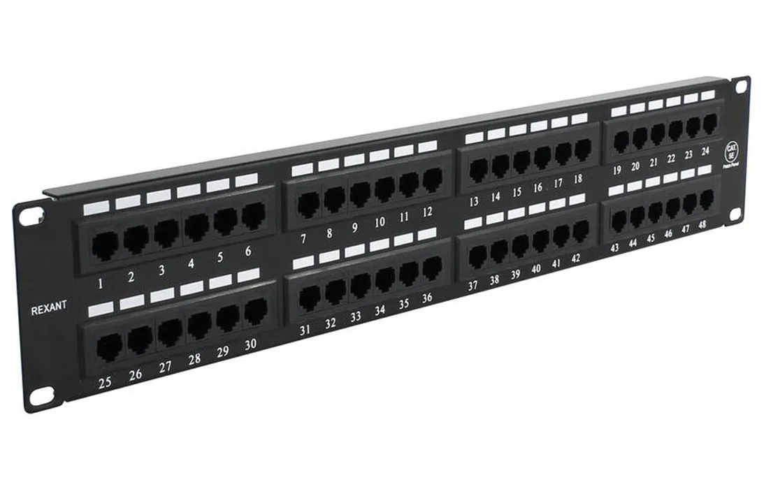 Патч-панель 19", 2U, 48 портов RJ-45, Rexant, категория 5e, UTP неэкранированная, черная