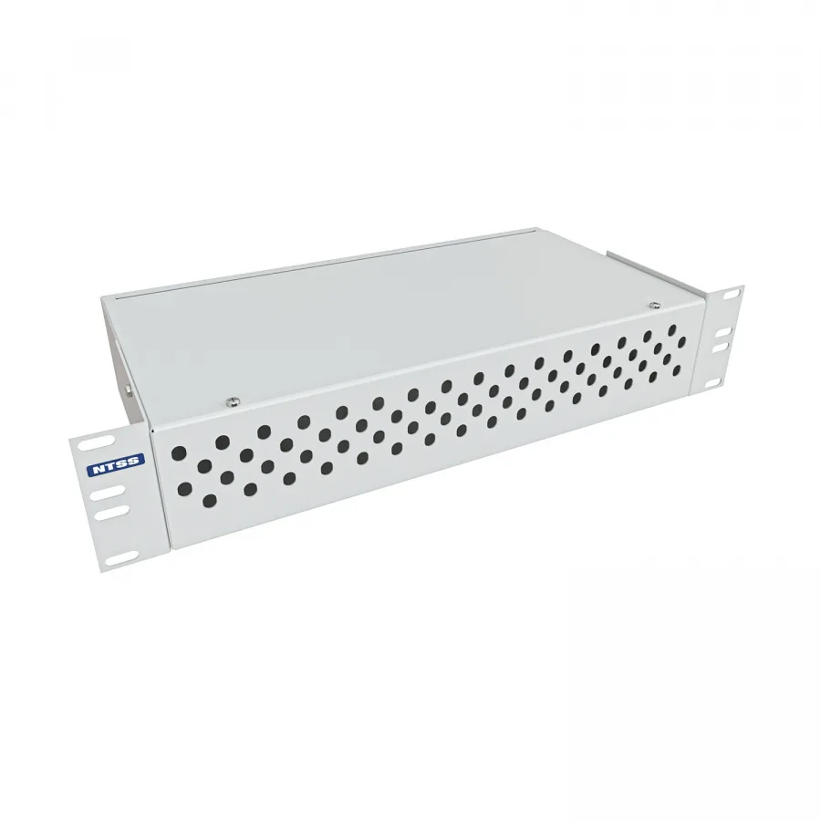 Кросс NTSS оптический 19'' укомплектованный 2U, 64 порта FC/APC, 9/125 мкм (сплошная панель, сплайс-кассета 2шт, пигтейлы, КДЗС, адаптеры) серый RAL 7035