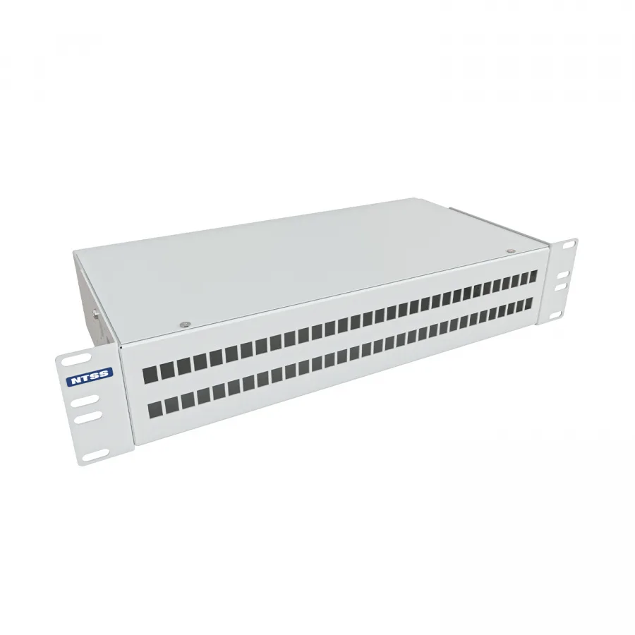 Кросс NTSS оптический 19'' укомплектованный 2U, 64 порта LC/UPC duplex, 50/125 мкм ОМ4 (сплошная панель, сплайс-кассета 4шт, пигтейлы, КДЗС, адаптеры) серый RAL 7035