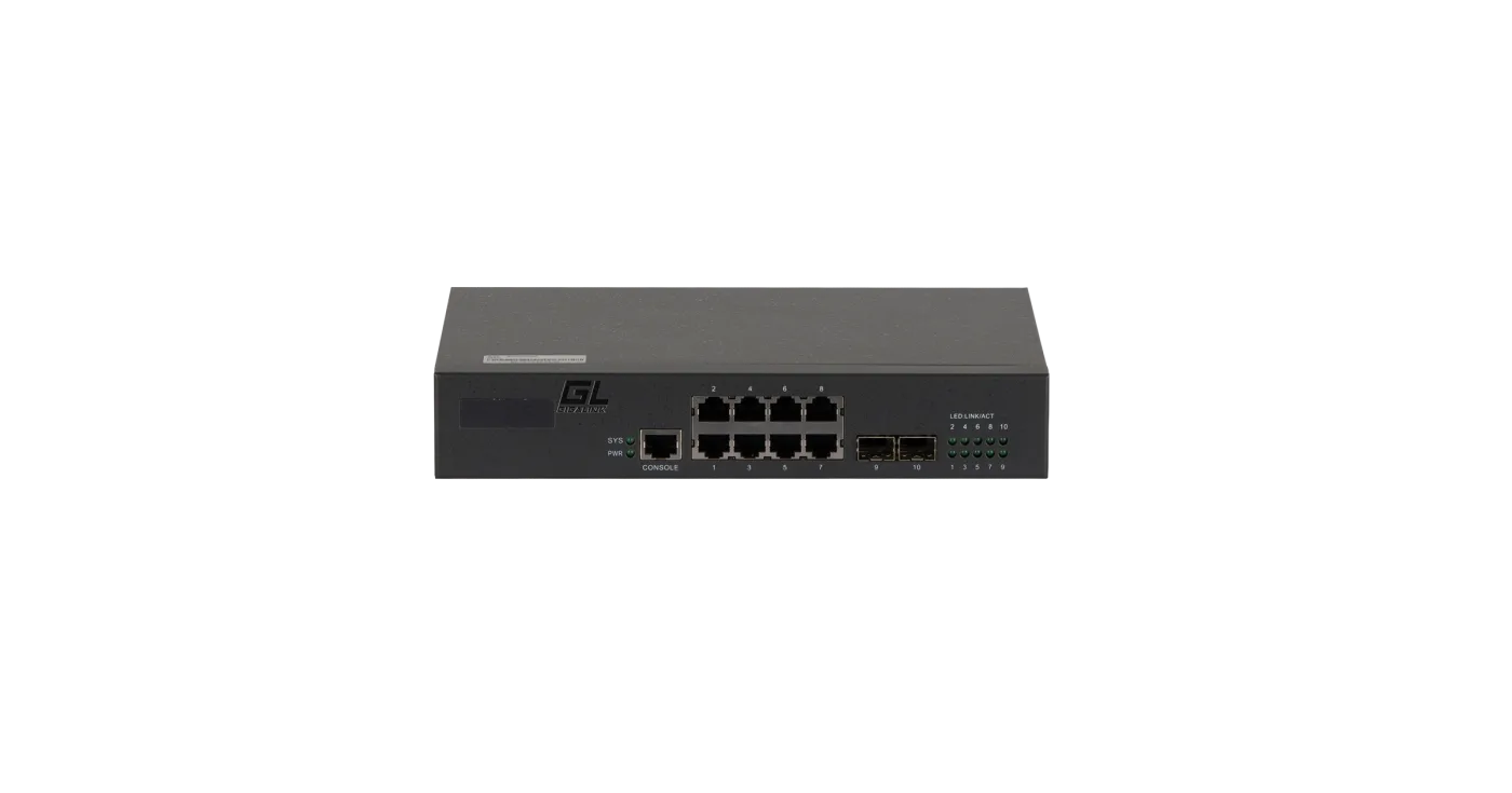 GL-SW-G201-10 Управляемый коммутатор L2 8 Base-T 10/100/1000Mb/s портов, 2 SFP 1000Mb/s, 1 Console. 1U 19'', 220V NIKOMAX