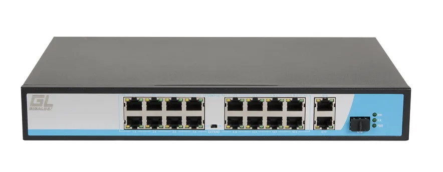 GL-SW-F005-16P Неуправляемый коммутатор PoE, 16*10/100 Мбит/с PoE (802.3af/at), 1-16 порт до 250 метров cat6, VLAN, 300Вт NIKOMAX