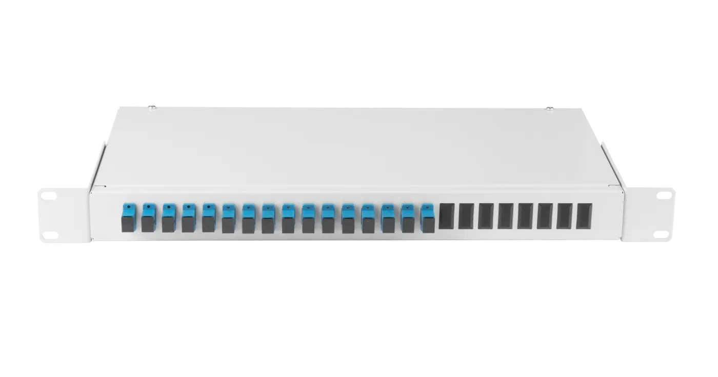 Оптический кросс 19", 1U, укомплектованный на 16 портов SC/UPC (16 одинарных SC/UPC адаптеров)