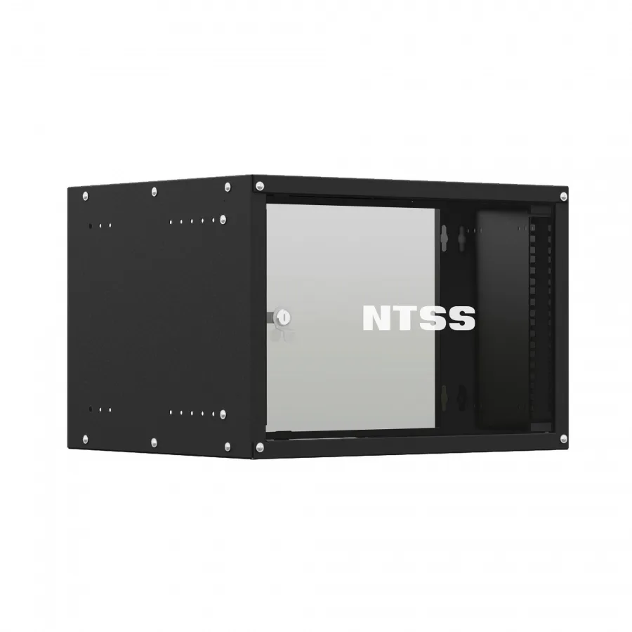 Шкаф настенный телекоммуникационный NTSS LIME 6U 550×350×370 мм, 2 профиля 19, дверь стеклянная, боковые стенки несъемные, разобранный, черный RAL 9005