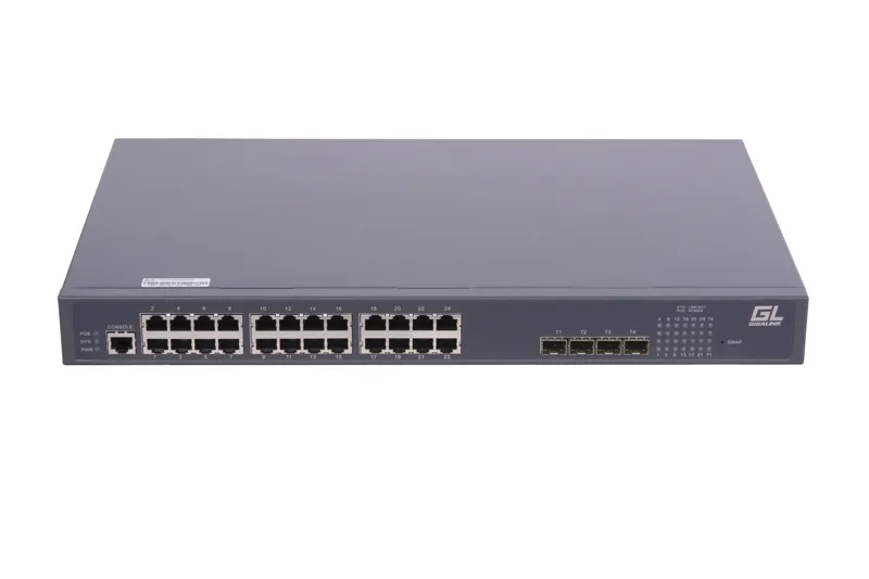 GL-SW-G204-28P Управляемый коммутатор L2+ Stack POE 24 BASE-TX 10/1001000Mb/s POE, 4 1/10G SFP+, 1 Console. 1U 19", 400W NIKOMAX