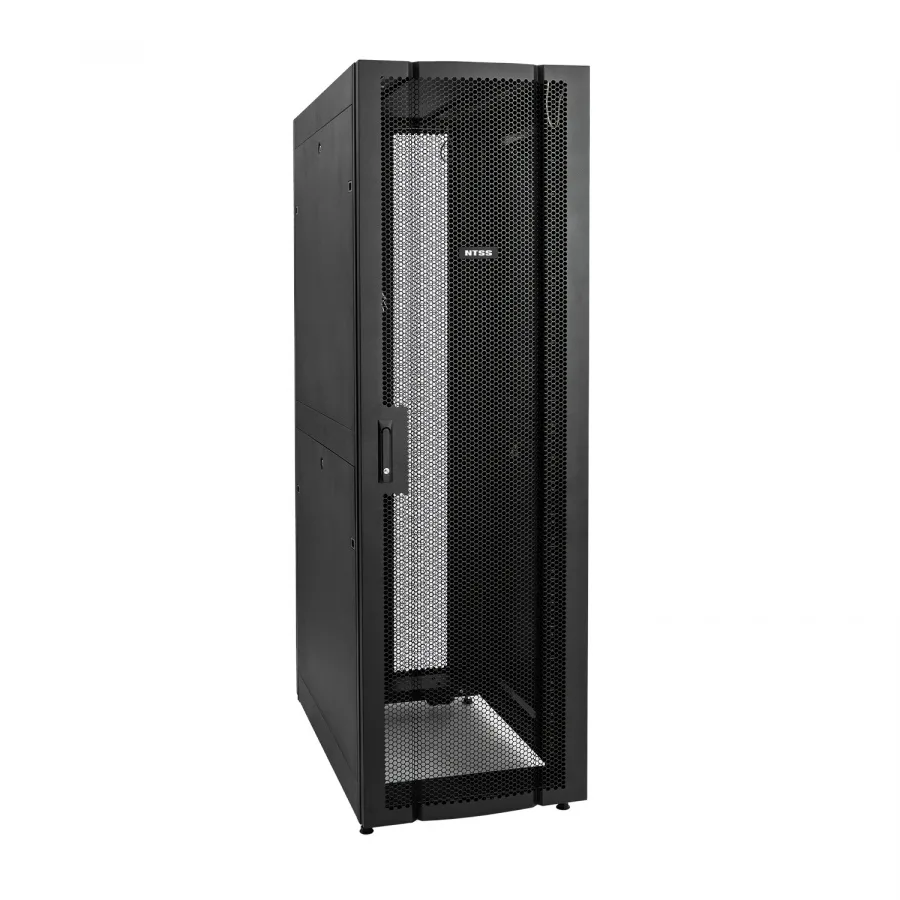 Шкаф напольный серверный NTSS ПРОЦОД DS 48U 600х1200мм, двойные боковые стенки, панель потолка с щеточными вводами, двери перфорированная и перфорированная двухстворчатая, без панели пола, регулируемые опоры, ролики, черный RAL 9005