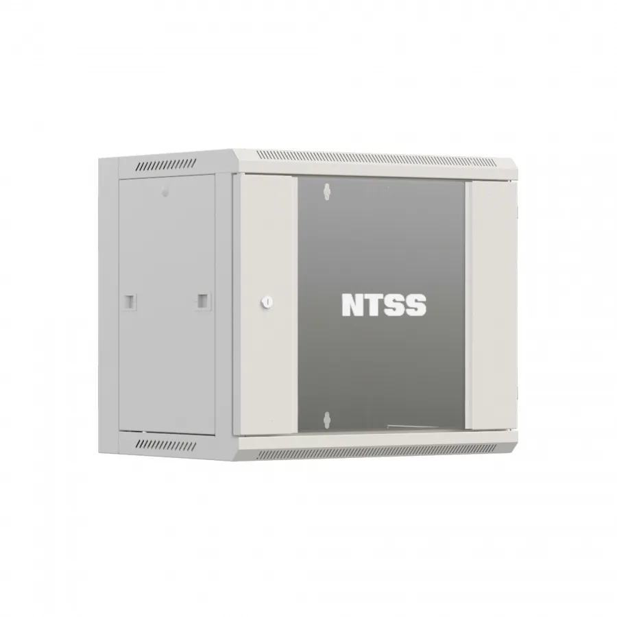 Шкаф настенный телекоммуникационный NTSS W 12U 600х600х635мм, 2 профиля 19, дверь стекло, боковые стенки съемные, разобранный, производство, серый RAL 7035