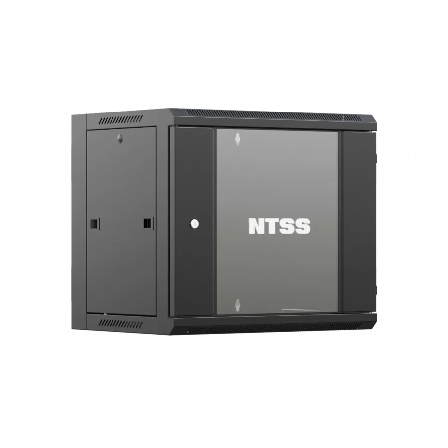 Шкаф настенный телекоммуникационный NTSS W 12U 600х600х635мм, 2 профиля 19, дверь стеклянная, боковые стенки съемные, задняя стенка, разобранный, черный RAL 9005