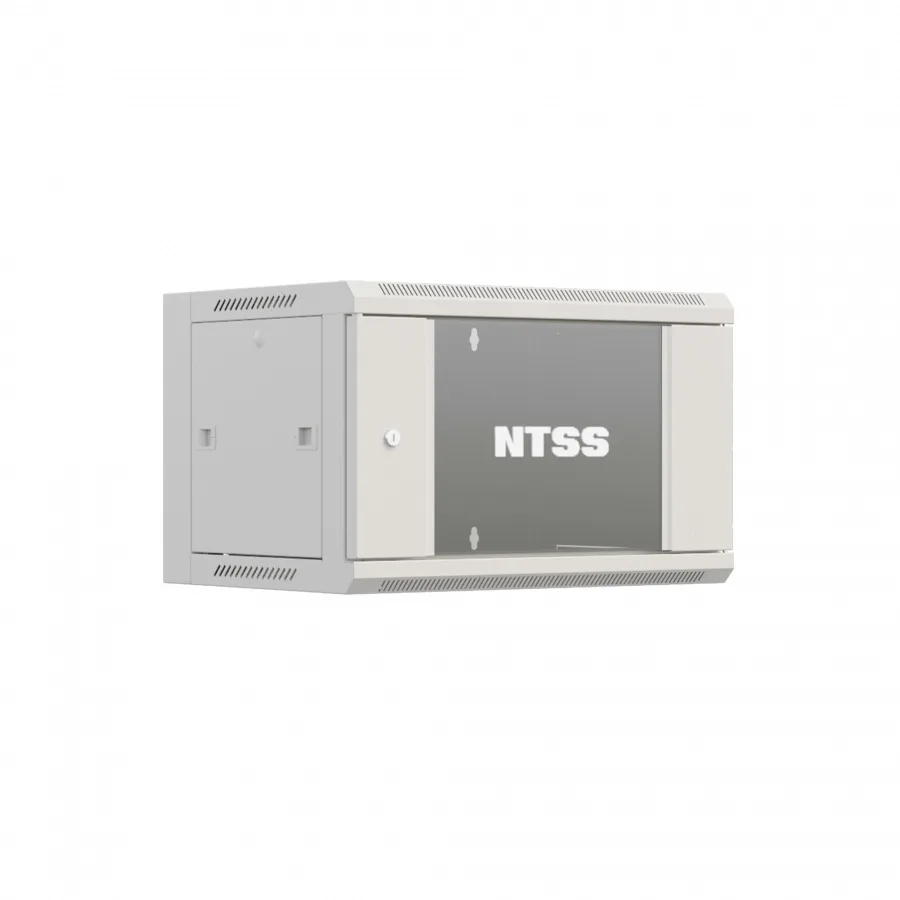 Шкаф настенный телекоммуникационный NTSS W 9U 600х600х500мм, 2 профиля 19, дверь стеклянная, боковые стенки съемные, задняя стенка, разобранный, серый RAL 7035