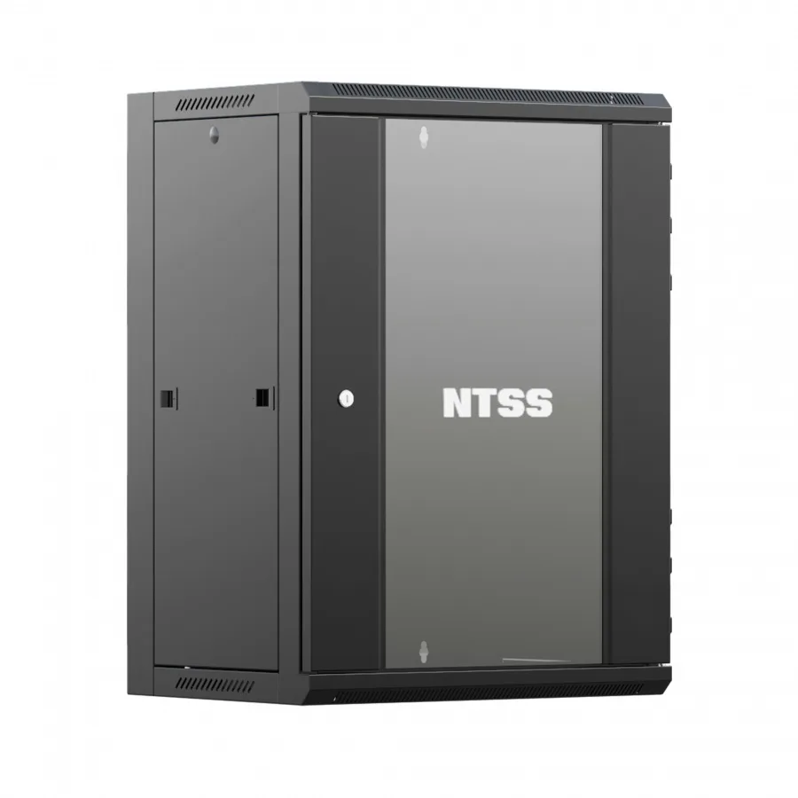 Шкаф настенный телекоммуникационный NTSS W 15U 600х450х770мм, 2 профиля 19, дверь стеклянная, боковые стенки съемные, задняя стенка, разобранный, черный RAL 9005