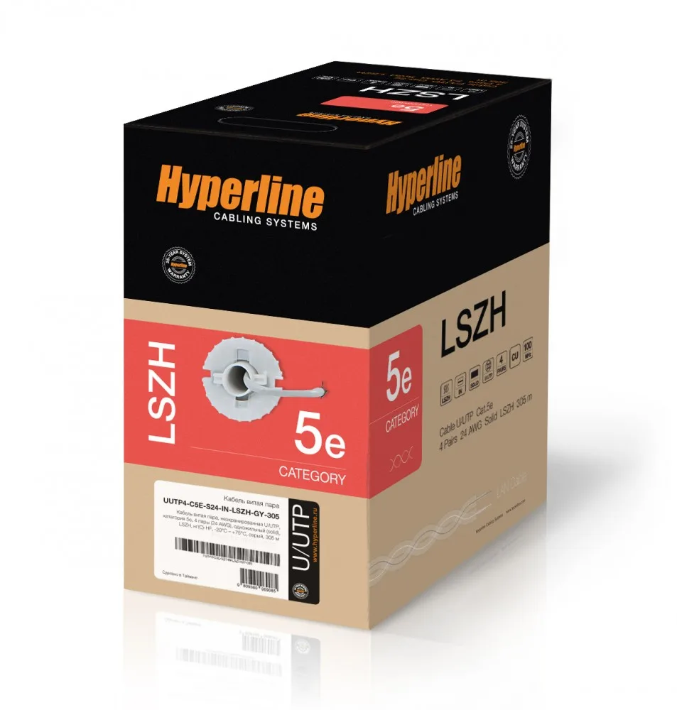 Кабель HYPERLINE, U/UTP 4 пары, 24AWG, кат.5e, 305 м