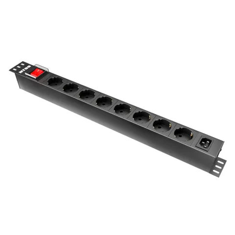 Блок розеток NTSS, 19", 1U, пластик, 1ф10A, 2.3кВт, (8) Schuko CEE 7/7, выкл. с подсв.и крыш., вх. 60320 С14