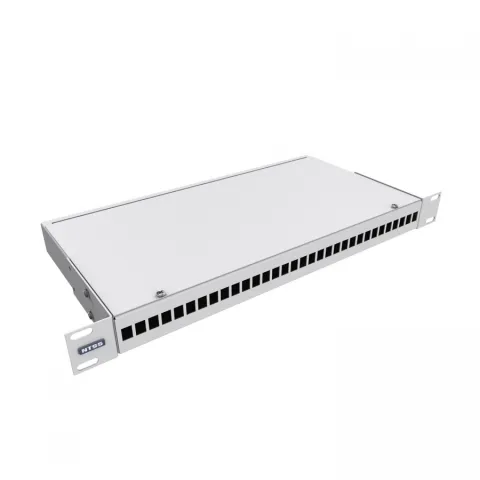 Кросс NTSS оптический 19'' укомплектованный 1U, 32 порта LC/UPC duplex, 50/125 мкм ОМ3 (сплошная панель, сплайс-кассета 2шт, пигтейлы, КДЗС, адаптеры) серый RAL 7035