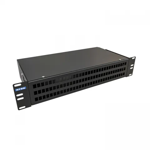 Кросс NTSS оптический 19'' укомплектованный 2U, 96 портов LC/UPC duplex, 50/125 мкм (сплошная панель, сплайс-кассета 6шт, пигтейлы, КДЗС, адаптеры) черный RAL 9005