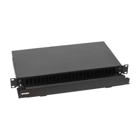 Кросс 19" NTSS PREMIUM выдвижной, предсобранный 1U, 12 портов LC/UPC duplex, 9/125 мкм, черный (передний органайзер, сплошная панель, сплайс-кассета 1шт, пигтейлы, КДЗС, адаптеры)