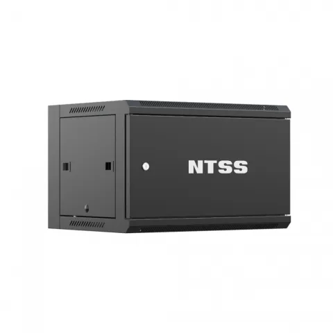 Шкаф настенный телекоммуникационный NTSS W 6U 600х450х370мм, 2 профиля 19, дверь сплошная металл, боковые стенки съемные, разобранный, черный RAL 9005