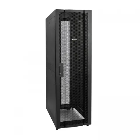 Шкаф напольный серверный NTSS ПРОЦОД DS 48U 600х1070мм, двойные боковые стенки, панель потолка с щеточными вводами, двери перфорированная и перфорированная двухстворчатая, без панели пола, регулируемые опоры, ролики, черный RAL 9005