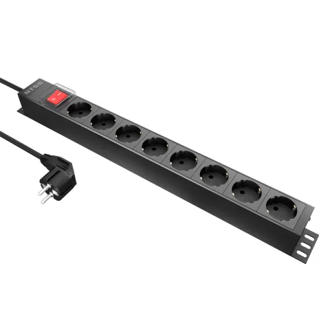 Блок розеток NTSS, 19", 1U, алюминий, 1ф16A, 3.7кВт, (8) Schuko CEE 7/7, выкл. с подсв.и крыш., 1.8м каб., вил. Schuko