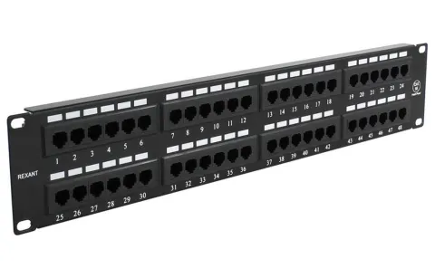 Патч-панель 19", 2U, 48 портов RJ-45, Rexant, категория 5e, UTP неэкранированная, черная