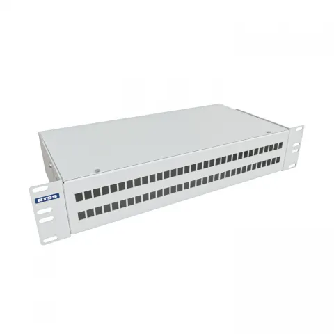 Кросс NTSS оптический 19'' укомплектованный 2U, 64 порта LC/UPC duplex, 50/125 мкм (сплошная панель, сплайс-кассета 4шт, пигтейлы, КДЗС, адаптеры) серый RAL 7035