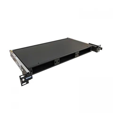 Кросс NTSS оптический выдвижной 19'' укомплектованный 1U, 24 порта LC/APC duplex, 9/125 мкм (планки, сплайс-кассета 2шт, пигтейлы, КДЗС, адаптеры) черный RAL 9005