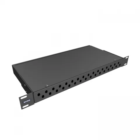 Кросс NTSS оптический 19'' укомплектованный 1U, 32 порта FC/UPC, 50/125 мкм (сплошная панель, сплайс-кассета, пигтейлы, КДЗС, адаптеры) черный RAL 9005
