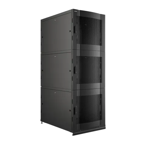Шкаф напольный серверный NTSS CoDS 42U 750х1200мм, 3 секции по 13U, двойные боковые стенки, панель потолка и пола с щеточными вводами, двери перфорированная и перфорированная двухстворчатая, регулируемые опоры, ролики, черный RAL 9005