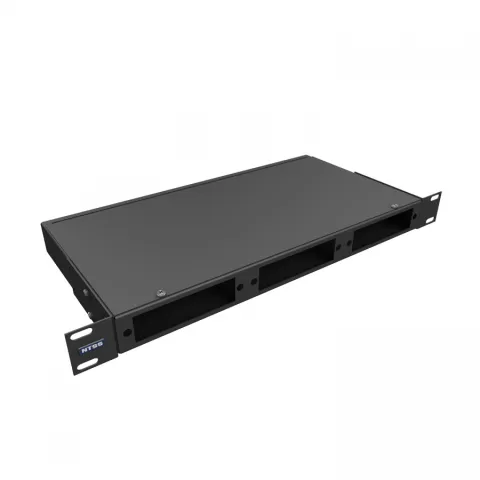 Кросс NTSS оптический 19'' укомплектованный 1U, 10 портов LC/UPC duplex, 50/125 мкм ОМ4 (планки, сплайс-кассета, пигтейлы, КДЗС, адаптеры) черный RAL 9005