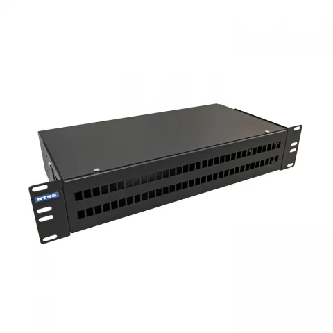 Кросс NTSS оптический 19'' укомплектованный 2U, 64 порта LC/UPC duplex, 50/125 мкм (сплошная панель, сплайс-кассета 4шт, пигтейлы, КДЗС, адаптеры) черный RAL 9005