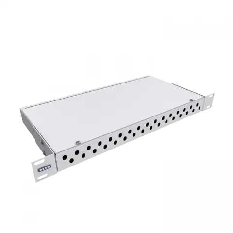 Кросс NTSS оптический 19'' укомплектованный 1U, 32 порта FC/APC, 9/125 мкм (сплошная панель, сплайс-кассета, пигтейлы, КДЗС, адаптеры) серый RAL 7035