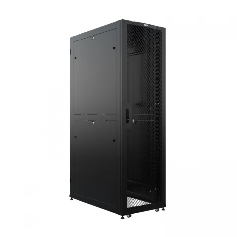 Шкаф напольный серверный NTSS ПРОЦОД DS 42U 600х1200мм, двойные боковые стенки, панель потолка с щеточными вводами, двери перфорированная и перфорированная двухстворчатая, без панели пола, регулируемые опоры, ролики, черный RAL 9005